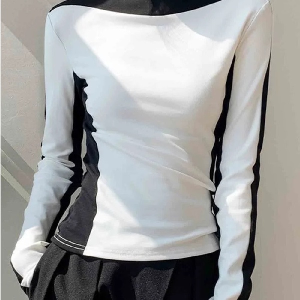 Asymmetrical Fitted Long Sleeve Black and White Tee